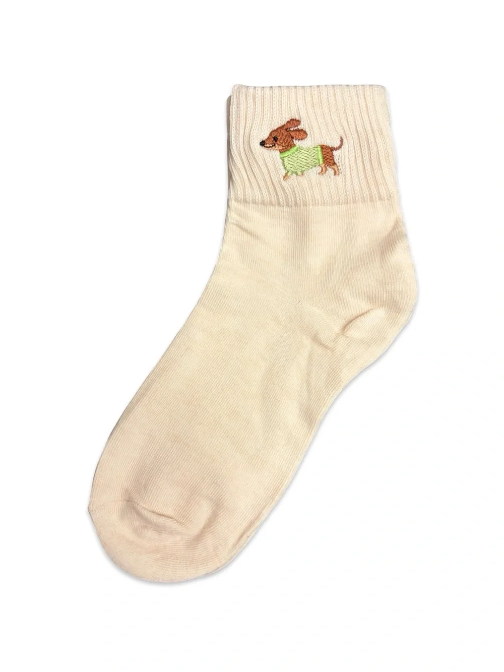 Dachshund Wiener Dog Embroidered Low Crew Socks Cream Ivory One Size